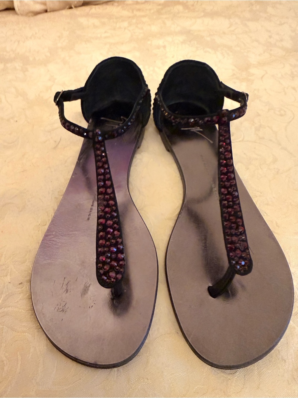 Giuseppe Zanotti Black Sandals with Ruby Red Crystal T-Strap